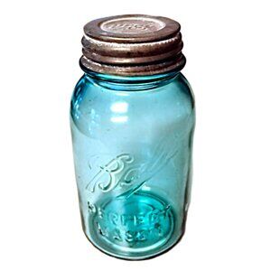 Vintage BALL Perfect Mason Aqua Blue Quart Jar ~ Zinc Lid/White Seal ~ "2 C"
